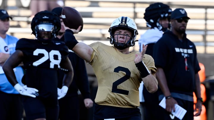 Vanderbilt quarterback Diego Pavia (2) passes before an NCAA college football scrimmage Saturday, Aug. 10, 2024, in Nashville, Tenn.