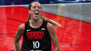 Sep 16, 2025; Indianapolis, Indiana, USA;  Indiana Fever guard Lexie Hull (10) celebrates a made basket during game two of round one against the Atlanta Dream for the 2025 WNBA Playoffs at Gainbridge Fieldhouse. Mandatory Credit: Trevor Ruszkowski-Imagn Images