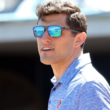 Mar 7, 2019; Port Charlotte, FL, USA; Tampa Bay Rays senior vice president of baseball operations Chaim Bloom looks on before a game against the Toronto Blue Jays at Charlotte Sports Park. Mandatory Credit: Kim Klement-Imagn Images