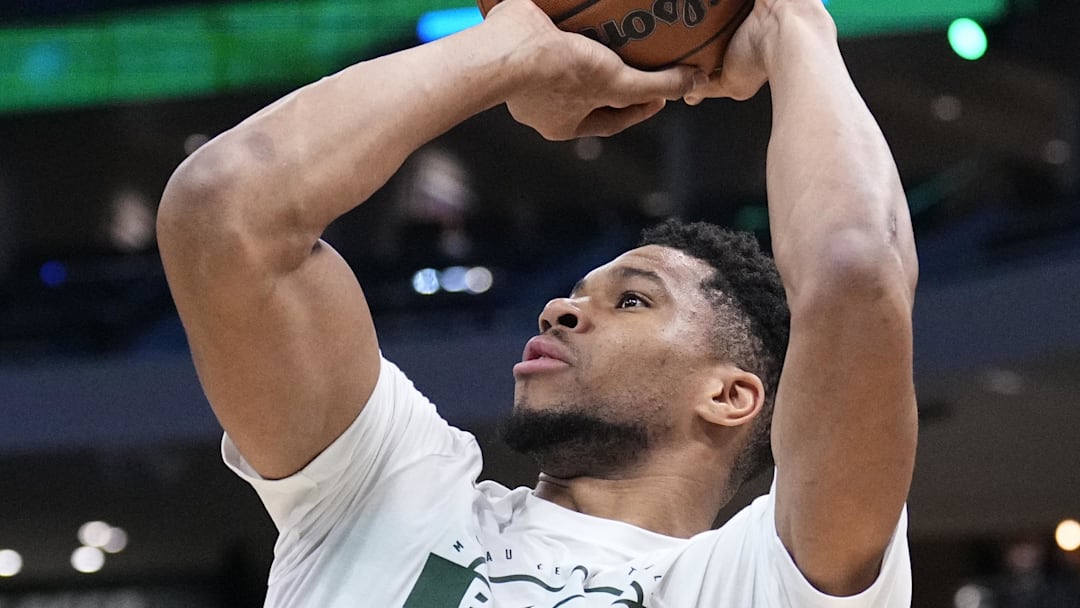 Nov 24, 2025; Milwaukee, Wisconsin, USA; Milwaukee Bucks forward Giannis Antetokounmpo (34) doing a light work out before a game against the Portland Trail Blazers at Fiserv Forum. Mandatory Credit: Michael McLoone-Imagn Images