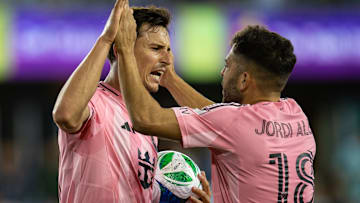 Tadeo Allende (left) and Jordi Alba (right) celebrate a goal in Inter Miami's draw with San Jose Earthquakes.