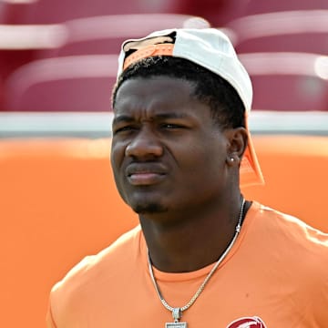 Tampa Bay Buccaneers running back Bucky Irving (7) prepares to warm up before the start of the game against the Atlanta Falcons