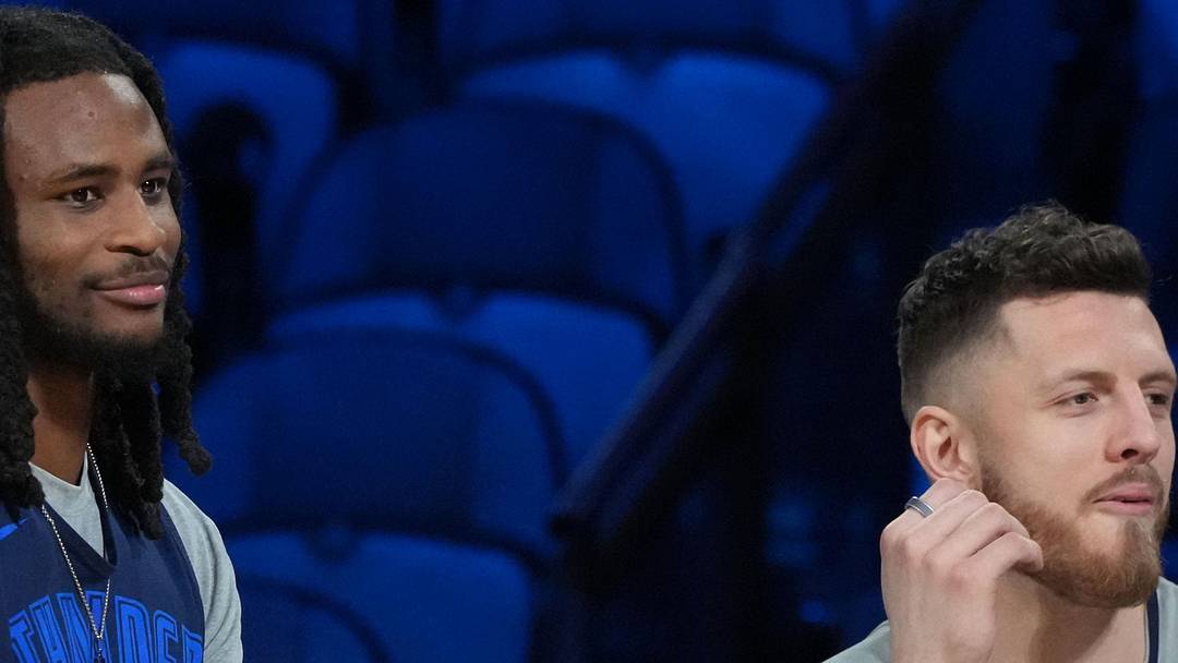 Oklahoma City Thunder guard Cason Wallace (22) and center Isaiah Hartenstein (55) react during practice prior to the Emirates Cup semifinals at T-Mobile Arena on December 12, 2025. 