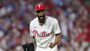 Oct 4, 2025; Philadelphia, Pennsylvania, USA; Philadelphia Phillies pitcher Cristopher Sanchez (61) reacts after striking out Los Angeles Dodgers two-way player Shohei Ohtani (not pictured) in the fifth inning during game one of the NLDS round for the 2025 MLB playoffs at Citizens Bank Park. Mandatory Credit: Bill Streicher-Imagn Images