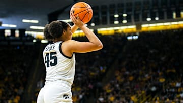 Iowa forward Hannah Stuelke (45) shoots the ball during a NCAA Big Ten Conference women's basketball game against Indiana, Sunday, Feb. 26, 2023, at Carver-Hawkeye Arena in Iowa City, Iowa.