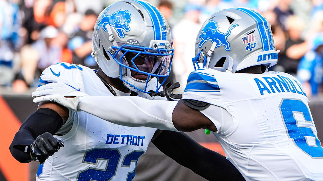 Detroit Lions cornerback Rock Ya-Sin (23) and cornerback Terrion Arnold (6) warm up ahead of Cincinnati Bengals game at Paycor Stadium in Cincinnati on Sunday, Oct. 5, 2025.