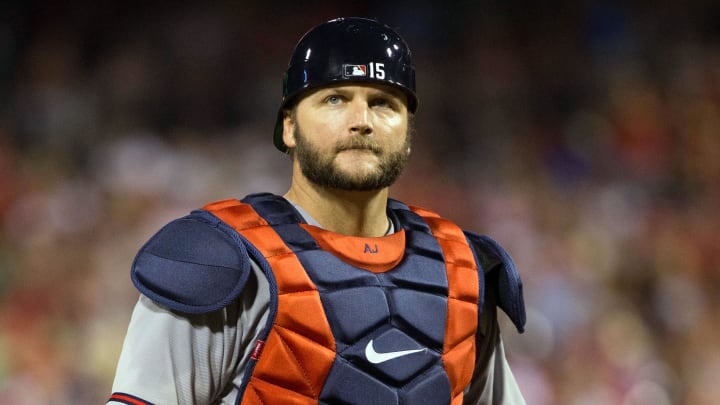 Jul 31, 2015; Philadelphia, PA, USA; Atlanta Braves catcher A.J. Pierzynski (15) in a game against the Philadelphia Phillies at Citizens Bank Park. The Phillies won 9-3