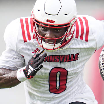 Louisville Cardinals senior wide receiver Chris Bell (0) during a recent practice on August 4, 2025 before the start of the 2025 football season. In 2024, Bell had 43 receptions for 737 yards with four touchdowns. He averaged 17.1 yards per catch.