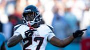 Houston running back Woody Marks (27) signals a first down to allow the Texans to run out the clock and kick a game-winning field goal to beat the Tennessee Titans 16-13 during their game at Nissan Stadium in Nashville, Tenn., Sunday, Nov. 16, 2025