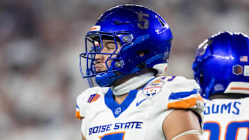 Dec 31, 2024; Glendale, AZ, USA; Boise State Broncos linebacker Jayden Virgin-Morgan (5) against the Penn State Nittany Lions during the Fiesta Bowl at State Farm Stadium. Mandatory Credit: Mark J. Rebilas-Imagn Images