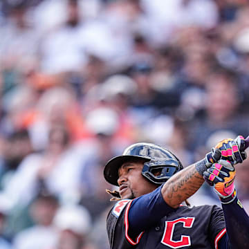 Cleveland Guardians third base José Ramírez (11) bats against Detroit Tigers during the ninth inning at Comerica Park in Detroit on Thursday, Sept. 18, 2025.