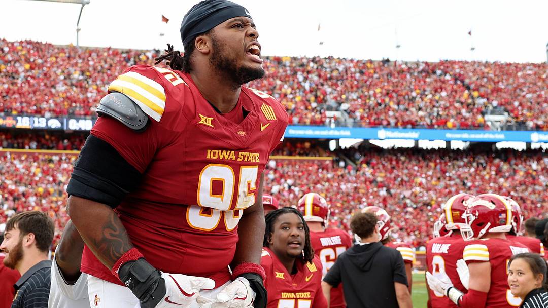 Sep 6, 2025; Ames, Iowa, USA; Iowa State Cyclones defensive lineman Domonique Orange (95) reacts late in the second half against the Iowa Hawkeyes at Jack Trice Stadium. Mandatory Credit: Reese Strickland-Imagn Images