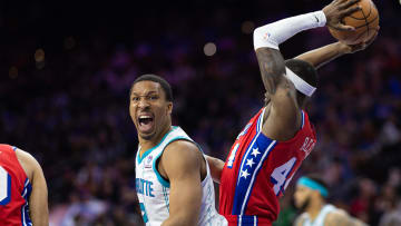 Mar 1, 2024; Philadelphia, Pennsylvania, USA; Charlotte Hornets forward Grant Williams (2) looks for a foul call after Philadelphia 76ers forward Paul Reed (44) gains control of the ball during the third quarter at Wells Fargo Center. Mandatory Credit: Bill Streicher-USA TODAY Sports