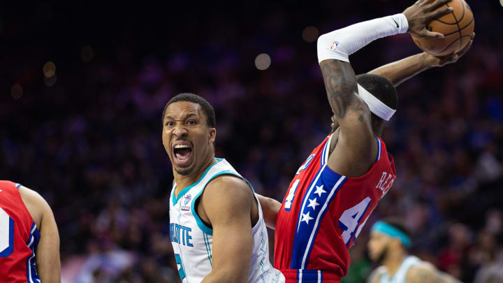 Mar 1, 2024; Philadelphia, Pennsylvania, USA; Charlotte Hornets forward Grant Williams (2) looks for a foul call after Philadelphia 76ers forward Paul Reed (44) gains control of the ball during the third quarter at Wells Fargo Center. Mandatory Credit: Bill Streicher-USA TODAY Sports