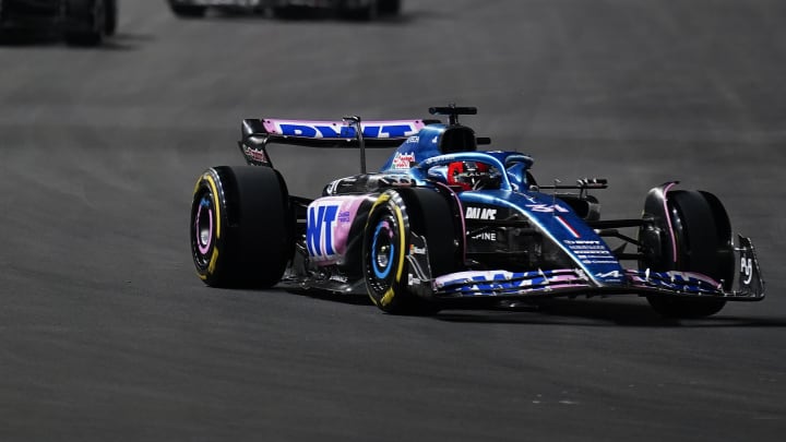 Nov 18, 2023; Las Vegas, Nevada, USA; BWT Alpine F1 driver Esteban Ocon of France (31) drives during the Formula 1 Heineken Silver Las Vegas Grand Prix at the Las Vegas Strip Circuit. Mandatory Credit: Lucas Peltier-USA TODAY Sports