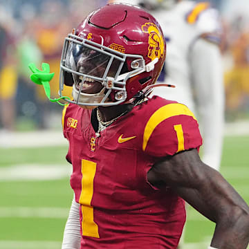 Sep 1, 2024; Paradise, Nevada, USA; Southern California Trojans wide receiver Zachariah Branch (1) reacts after making a play against the LSU Tigers during the second quarter at Allegiant Stadium. Mandatory Credit: Stephen R. Sylvanie-Imagn Images