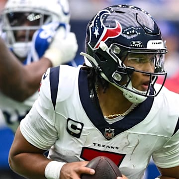 Sep 17, 2023; Houston, Texas, USA; Houston Texans quarterback C.J. Stroud (7) in action during the third quarter against the Indianapolis Colts at NRG Stadium. Mandatory Credit: Maria Lysaker-USA TODAY Sports