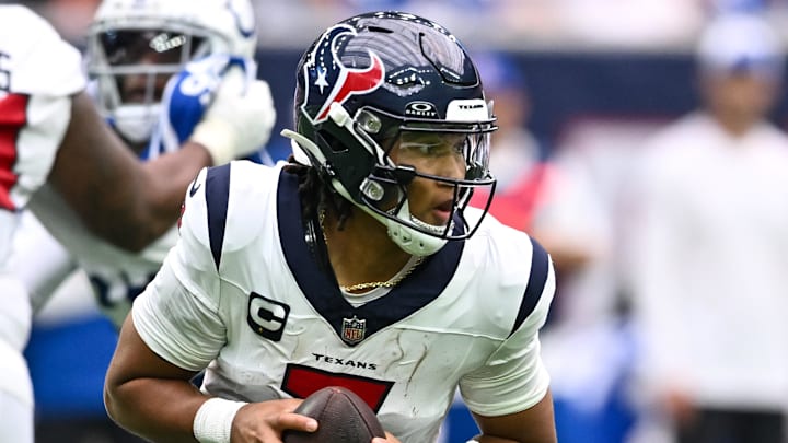 Sep 17, 2023; Houston, Texas, USA; Houston Texans quarterback C.J. Stroud (7) in action during the third quarter against the Indianapolis Colts at NRG Stadium. Mandatory Credit: Maria Lysaker-USA TODAY Sports