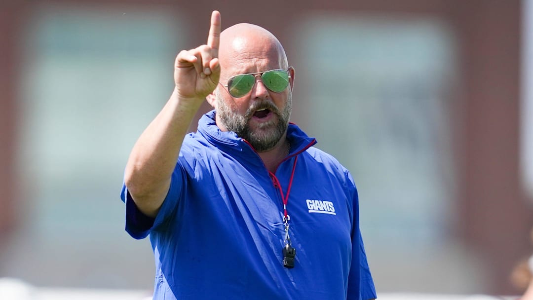 New York Giants head coach Brian Daboll points during drills on day two of training camp at Quest Diagnostics Giants Training Center, Jul 24, 2025, East Rutherford, NJ, USA.