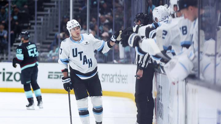 Apr 2, 2026; Seattle, Washington, USA; Utah Mammoth right wing JJ Peterka (77) celebrates a goal in the third period against the Seattle Kraken at Climate Pledge Arena. Mandatory Credit: Kevin Ng-Imagn Images