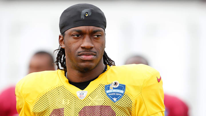 Washington Redskins quarterback Robert Griffin III (10) looks on prior to joint practice with the Houston Texans as part of day eight of training camp at Bon Secours Washington Redskins Training Center. Mandatory Credit: Amber Searls-Imagn Images Washington Redskins quarterback Robert Griffin III (10) looks on prior to joint practice with the Houston Texans as part of day eight of training camp at Bon Secours Washington Redskins Training Center. Mandatory Credit: Amber Searls-Imagn Images