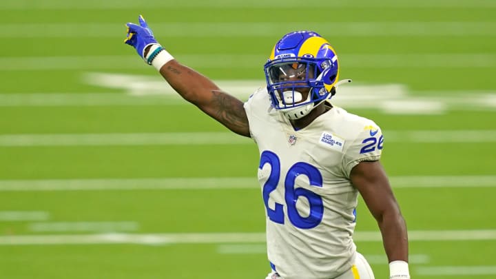 Sep 13, 2020; Inglewood, California, USA; Los Angeles Rams safety Terrell Burgess (26) reacts against the Dallas Cowboys during the first half at SoFi Stadium. Mandatory Credit: Kirby Lee-USA TODAY Sports