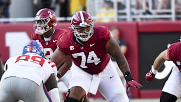 Sep 23, 2023; Tuscaloosa, Alabama, USA;  Alabama Crimson Tide offensive lineman Tyler Booker (52)