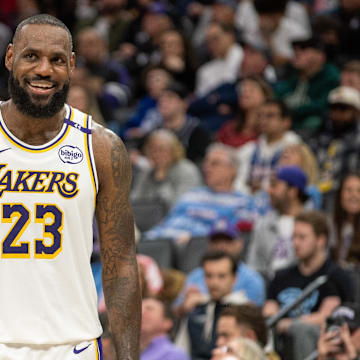 Los Angeles Lakers forward James smiles after his team scored against the Sacramento Kings at Golden 1 Center. 