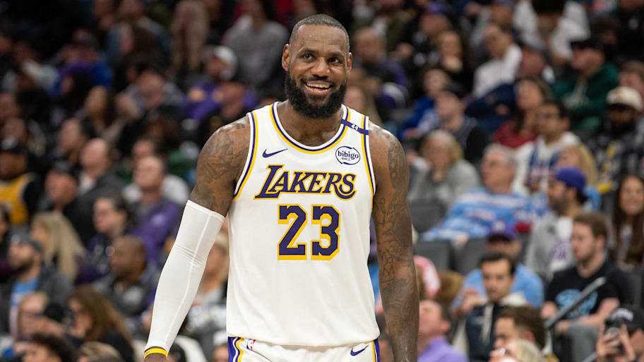 Los Angeles Lakers forward James smiles after his team scored against the Sacramento Kings at Golden 1 Center.  | Ed Szczepanski-Imagn Images