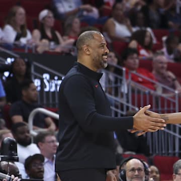 Oct 8, 2025; Houston, Texas, USA; Houston Rockets Head Coach Ime Udoka and forward Kevin Durant (7) react during the third quarter against the Utah Jazz at Toyota Center. Mandatory Credit: Troy Taormina-Imagn Images