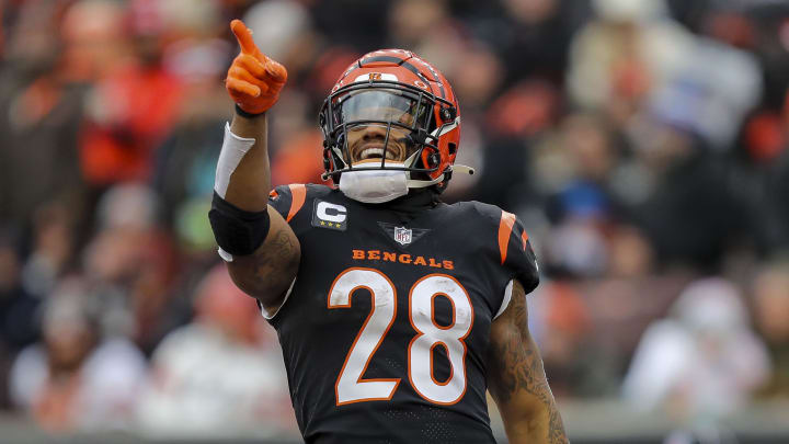 Jan 7, 2024; Cincinnati, Ohio, USA; Cincinnati Bengals running back Joe Mixon (28) reacts after scoring a touchdown against the Cleveland Browns in the first half at Paycor Stadium. Mandatory Credit: Katie Stratman-USA TODAY Sports