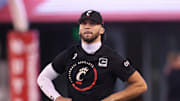 Nov 1, 2025; Salt Lake City, Utah, USA; Cincinnati Bearcats quarterback Brendan Sorsby (2) warms up before the game against the Utah Utes at Rice-Eccles Stadium. Mandatory Credit: Rob Gray-Imagn Images