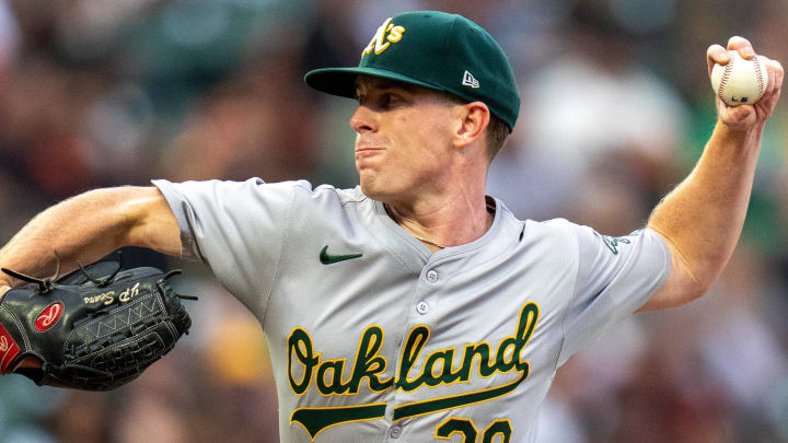 Jul 30, 2024; San Francisco, California, USA;  Oakland Athletics starting pitcher JP Sears (38) delivers a pitch against the San Francisco Giants during the first inning at Oracle Park. Mandatory Credit: Neville E. Guard-USA TODAY Sports