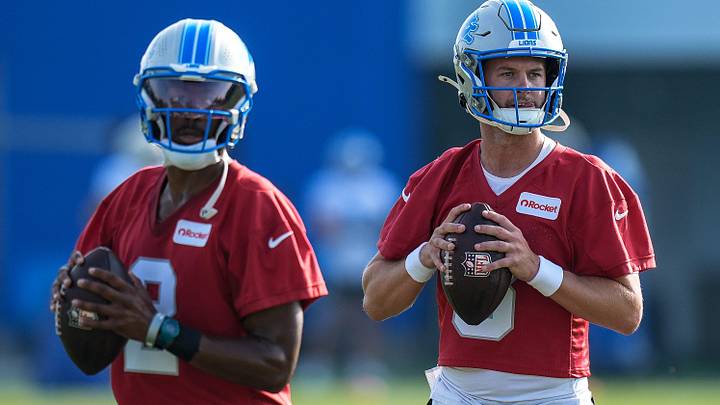 Detroit Lions quarterback Hendon Hooker (2), left, and quarterback Kyle Allen (8) practice during training camp at Meijer Performance Center in Allen Park on Thursday, July 24, 2025.