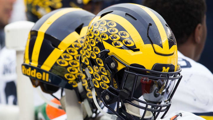 Nov 26, 2016; Columbus, OH, USA; A general view of Michigan Wolverines helmets on the sideline during the  game against the Ohio State Buckeyes at Ohio Stadium. Ohio State won the game 30-27 in double overtime. Mandatory Credit: Greg Bartram-USA TODAY Sports