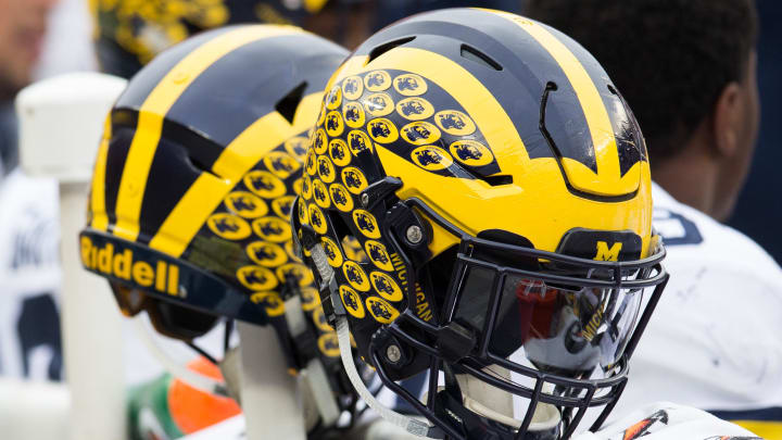 Nov 26, 2016; Columbus, OH, USA; A general view of Michigan Wolverines helmets on the sideline during the  game against the Ohio State Buckeyes at Ohio Stadium. Ohio State won the game 30-27 in double overtime. Mandatory Credit: Greg Bartram-USA TODAY Sports