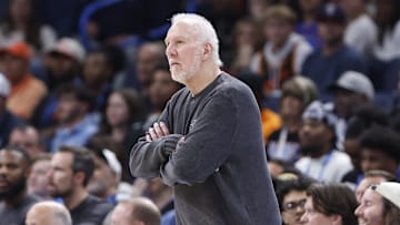 San Antonio Spurs head coach Gregg Popovich watches his team play against the Oklahoma City Thunder.