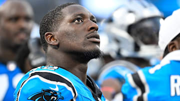 Aug 8, 2025; Charlotte, North Carolina, USA; Carolina Panthers defensive tackle Tershawn Wharton (92) on the sidelines in the second quarter at Bank of America Stadium.