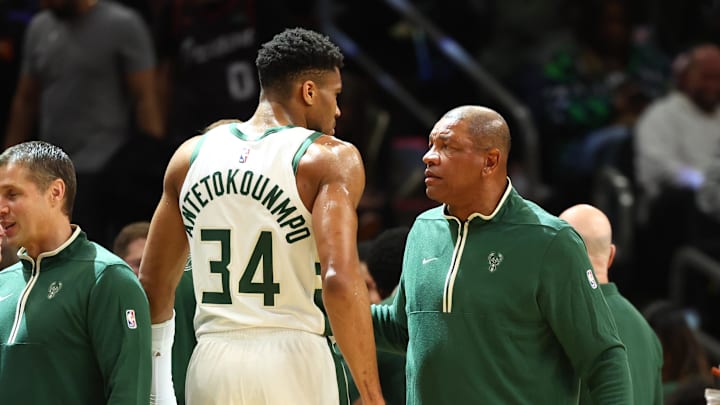Feb 6, 2024; Phoenix, Arizona, USA; Milwaukee Bucks head coach Doc Rivers talks to forward Giannis Antetokounmpo (34) against the Phoenix Suns at Footprint Center. Mandatory Credit: Mark J. Rebilas-Imagn Images Feb 6, 2024; Phoenix, Arizona, USA; Milwaukee Bucks head coach Doc Rivers talks to forward Giannis Antetokounmpo (34) against the Phoenix Suns at Footprint Center. Mandatory Credit: Mark J. Rebilas-Imagn Images
