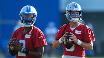 Detroit Lions quarterback Hendon Hooker (2), left, and quarterback Kyle Allen (8) practice during training camp at Meijer Performance Center in Allen Park on Thursday, July 24, 2025.