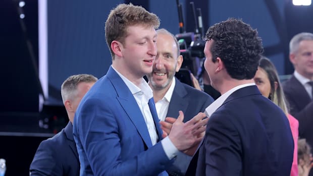 Danny Wolf celebrates after being selected as the 27th pick by the Brooklyn Nets. Mandatory Credit: Brad Penner-Imagn Images