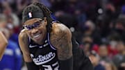 Jan 29, 2022; Philadelphia, Pennsylvania, USA; Sacramento Kings center Richaun Holmes (22) against the Philadelphia 76ers at Wells Fargo Center. Mandatory Credit: Eric Hartline-Imagn Images