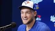 Toronto Blue Jays starting pitcher Trey Yesavage (39) smiles during media day before game 1 of the World Series at Rogers Centre.