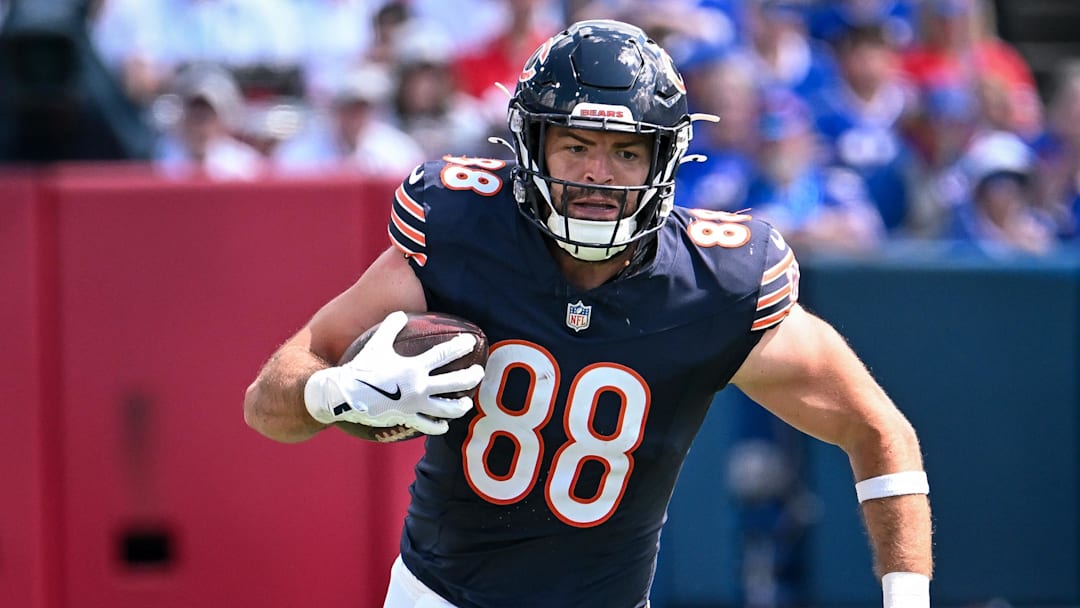 Aug 10, 2024; Orchard Park, New York, USA; Chicago Bears tight end Stephen Carlson (88) runs after making a catch in the third quarter of a pre-season game against the Buffalo Bills at Highmark Stadium. Mandatory Credit: Mark Konezny-Imagn Images