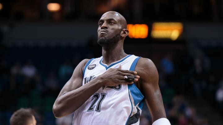 Dec 18, 2015; Minneapolis, MN, USA; Minnesota Timberwolves forward Kevin Garnett (21) before the game against the Sacramento Kings at Target Center. Mandatory Credit: Brad Rempel-USA TODAY Sports