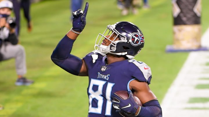 Nov 12, 2020; Nashville, Tennessee, USA;  Tennessee Titans tight end Jonnu Smith (81) points to the sky after scoring a touchdown against the Indianapolis Colts during the first half at Nissan Stadium. Mandatory Credit: Steve Roberts-USA TODAY Sports