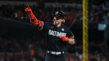 Sep 15, 2023; Baltimore, Maryland, USA; Baltimore Orioles right fielder Heston Kjerstad (13) reacts after hitting a one run home run against the Tampa Bay Rays for his first major league hit during the sixth inning at Oriole Park at Camden Yards. Mandatory Credit: Scott Taetsch-Imagn Images