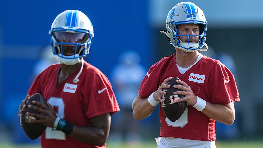 Detroit Lions quarterback Hendon Hooker (2), left, and quarterback Kyle Allen (8) practice during training camp at Meijer Performance Center in Allen Park on Thursday, July 24, 2025.