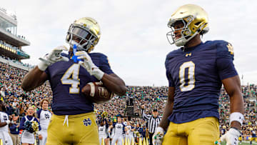 Notre Dame running back Jeremiyah Love scored three touchdowns Saturday