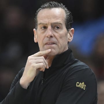 Dec 23, 2024; Cleveland, Ohio, USA; Cleveland Cavaliers head coach Kenny Atkinson stands on the sideline in the first quarter against the Utah Jazz at Rocket Mortgage FieldHouse. Mandatory Credit: David Richard-Imagn Images